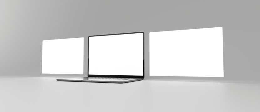Three laptop screens sequence in perspective. Blank template for place your web page design, posts and carousels. Ready for mockup. 3D Rendering High resolution 8k.