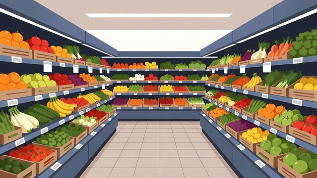 Colorful supermarket produce aisle illustration in flat vector style, bright and inviting market scene