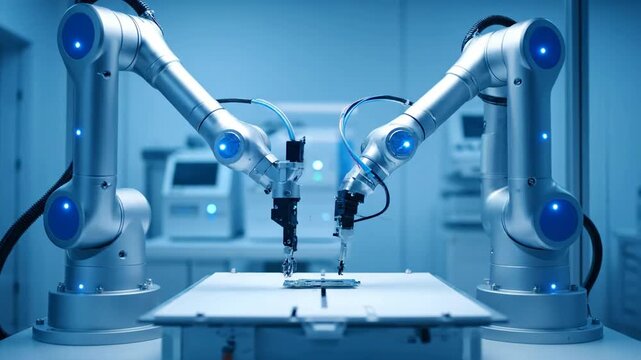 Two robotic arms working in a laboratory, advanced technology concept, manufacturing process, precision work.