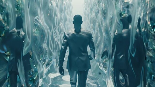 4k cinematic video human figure walking room endless floating mirrors, mirrors reflecting distorted, impossible versions figure, melting stretching liquid metal, surreal abstract reflections cinematic