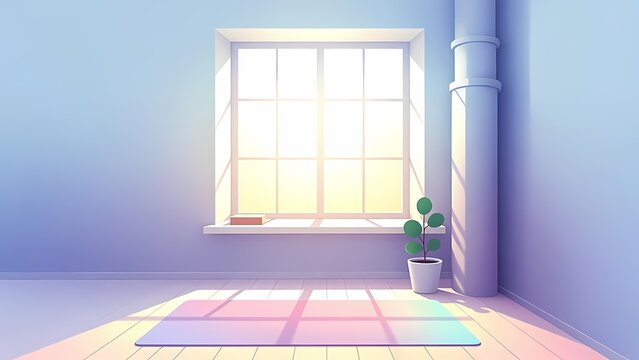Bright interior room with large window letting in soft sunrise light, potted plant by a column, blue purple walls, cinematic 3d render