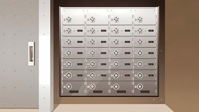 Safe deposit boxes wall in bank vault, metallic chrome finish, 3D render, high security storage concept