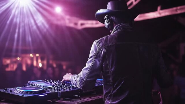 A cowboy DJ mixes music at an outdoor gathering while colorful lights illuminate the night and people enjoy the atmosphere