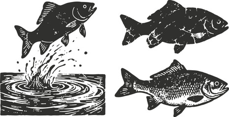 Fototapeta premium fish jumping and swimming hand drawn vintage aquatic wildlife illustrations set with ripples and splashes