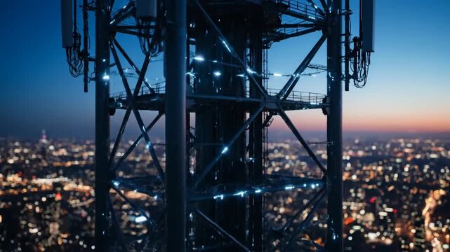 Telecommunication tower with city lights at night. Network communication concept with the city skyline at dusk, technology infrastructure.