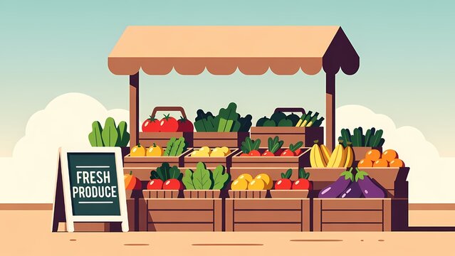 Cartoon vector illustration of an outdoor farmers market stand with fresh produce and colorful vegetables in a bright sunny scene