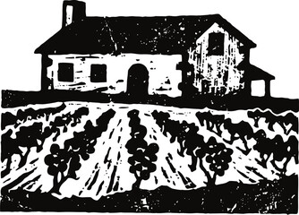 Obraz premium Rustic farmhouse with vineyard rows, countryside agricultural landscape illustration