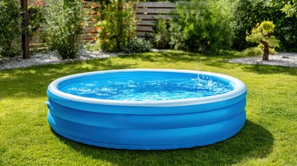 Fototapeta premium Blue inflatable pool in sunny garden setting with green lawn and vibrant foliage surrounding background