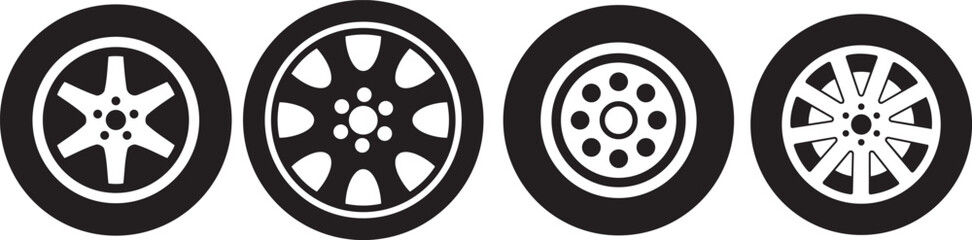 Fototapeta premium Variety of Wheel: A collection of stylized automotive wheel in black and white, capturing a blend of design and functionality, perfect for automotive and transportation themes.