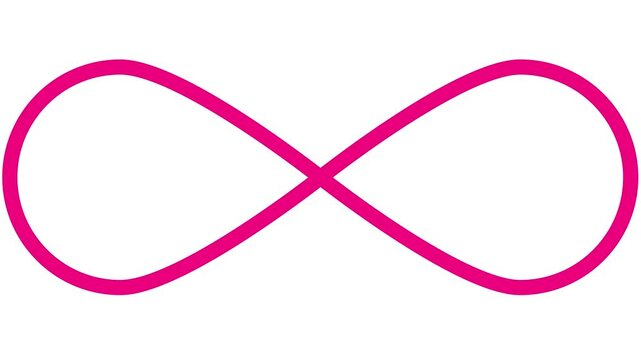 Animated magenta symbol of infinity. Linear pink icon is drawn. Looped video. Vector illustration on white background.