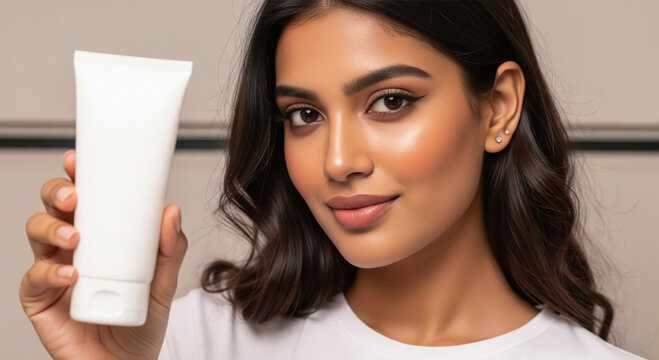 Radiant Woman Holding Blank Cosmetic Tube, Showing Flawless Skin