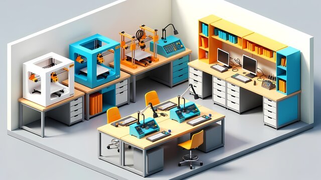 3D render of a modern makerspace showing printers, desks and computers in a bright office studio