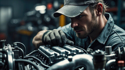 Male auto mechanic in gray shirt and cap inspects car engine with focused expression in a well-equipped garage filled with tools and machinery