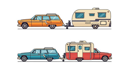 Naklejka premium Retro station wagons pulling vintage campers a charming pixel art illustration