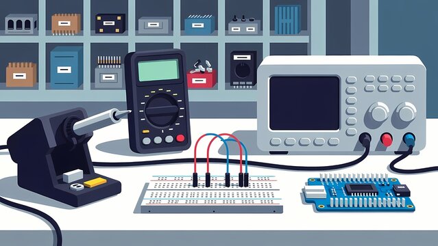 Electronic lab bench with oscilloscope, multimeter, breadboard and soldering station in a clean modern vector illustration