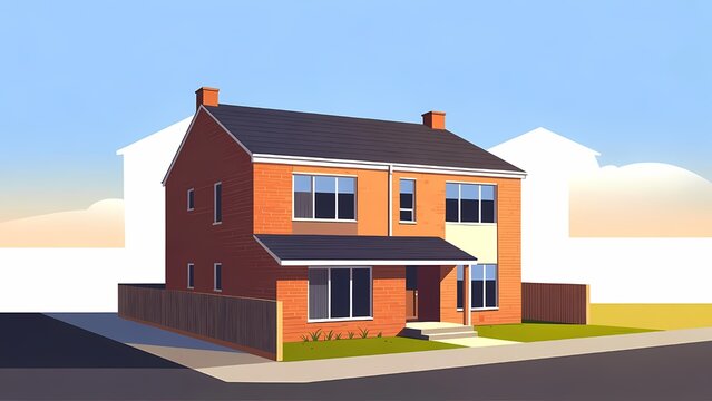 Modern brick two story house exterior 3D render with driveway and frontyard in daylight