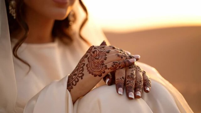 Close-up of woman's hands with henna tattoos and white nail polish for wedding day. Traditional henna art on hands.