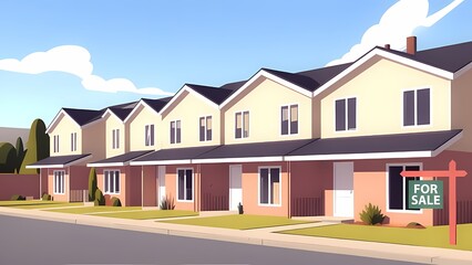 Obraz premium Suburban row houses with for sale sign on sunny residential street - vector illustration