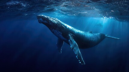 Obraz premium Majestic humpback whale gracefully gliding through deep ocean waters illuminated by gentle sunlight