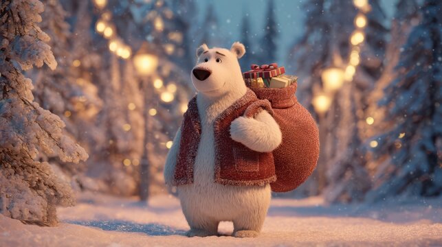 Charming polar bear in a winter wonderland carrying gifts through a snow-covered forest at twilight
