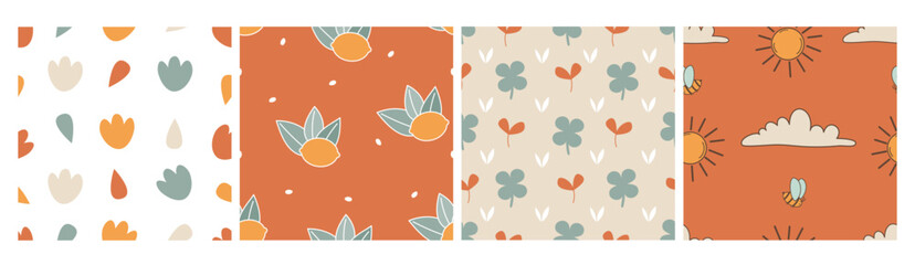 cute hand drawn seamless vector pattern background collection set with flowers, leaves, lemons,  four leaf clover, bee, sun and clouds  shape