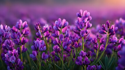 Obraz premium Vibrant purple blossoms fill the field at sunset, creating a captivating scene of nature's beauty and tranquility