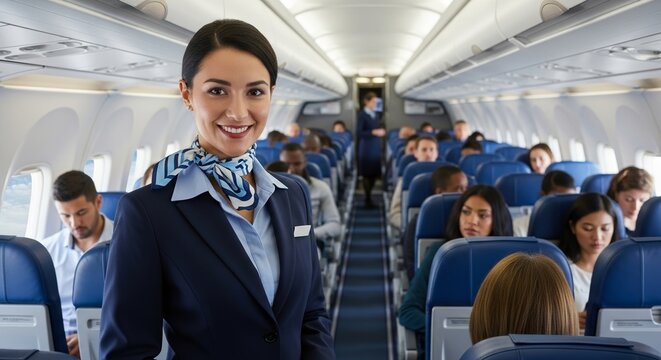 Smiling flight attendant welcomes passengers inside an airplane cabin during a flight.