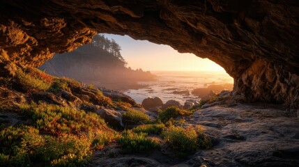 Obraz premium Sunset casting golden light through sea cave onto rocky shore and gentle waves at Pacific coastline