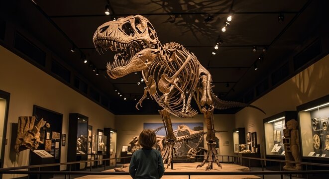 Child gazes in awe at a massive dinosaur skeleton displayed in a museum exhibit hall.