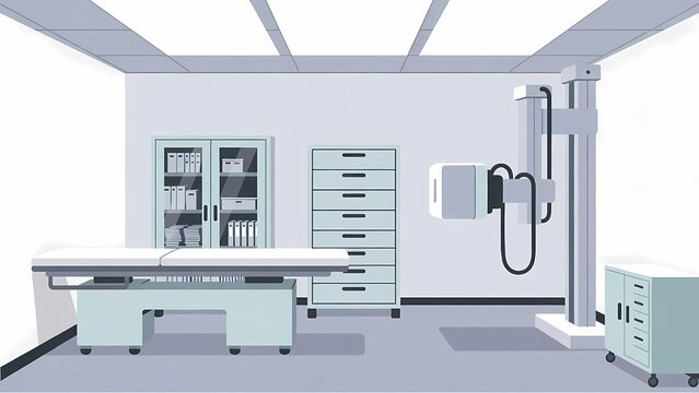 Vector illustration of a modern radiology room with Xray machine and medical examination table in a clean hospital setting