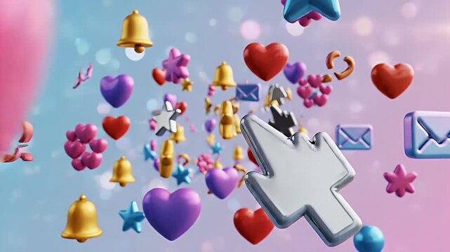 A 3D illustration of a large white cursor amidst floating icons and hearts on a pastel background, viewed from a slight angle.
