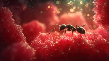 Fototapeta premium Small ant exploring vibrant pink textures in a captivating world of color and light