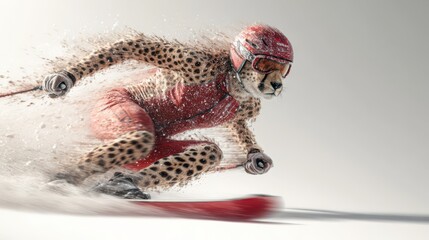 Obraz premium Fast and fearless cheetah skiing down a snowy slope wearing bright red gear
