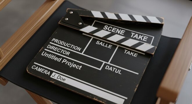 Film clapboard on directors chair ready for movie production scene take