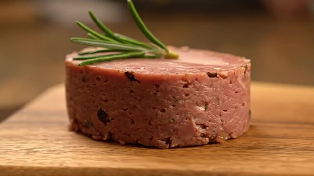 Gourmet meat p&acirc;t&eacute; or terrine garnished with fresh rosemary, served on a rustic wooden cutting board, ideal for a starter or appetizer.