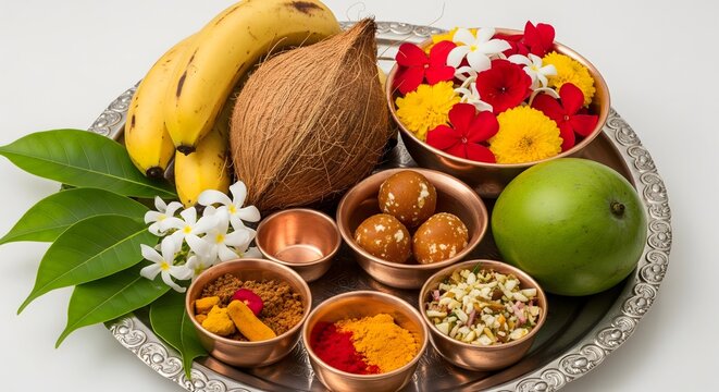 Traditional Hindu Puja Thali with Fruits, Flowers and Ritual Items, Indian Religious Worship Setup, Festival Offering, Spiritual Ceremony, Devotion, Culture and Sacred Tradition
