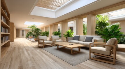Fototapeta premium Stylish lounge area with natural light and lush greenery on a serene afternoon
