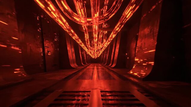 Abstract dark red tunnel with glowing pipes and lines. Technology, science, futuristic tunnel background concept.