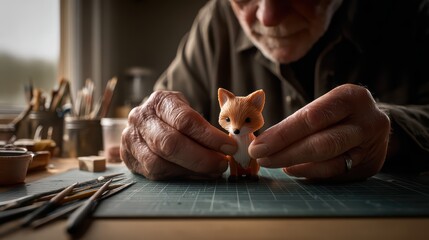Fototapeta premium Mature caucasian male crafting detailed miniature fox sculpture in workshop with tools and materials on table