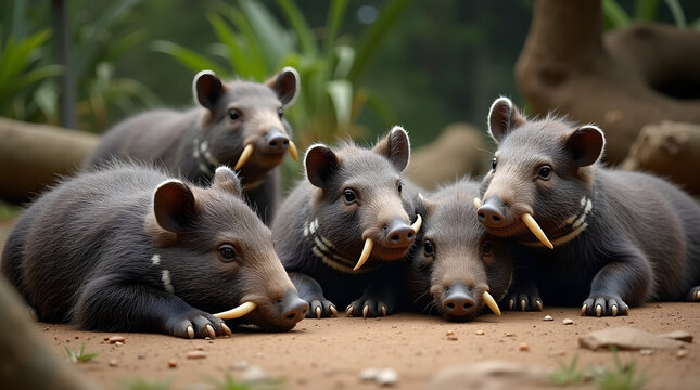 A group of five playful babirusas resting together in their natural habitat, showcasing their unique tusks.