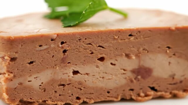 Close-up of savory gourmet pat&eacute; or terrine slice garnished with fresh parsley, isolated on a white background, perfect for appetizer and charcuterie concepts.