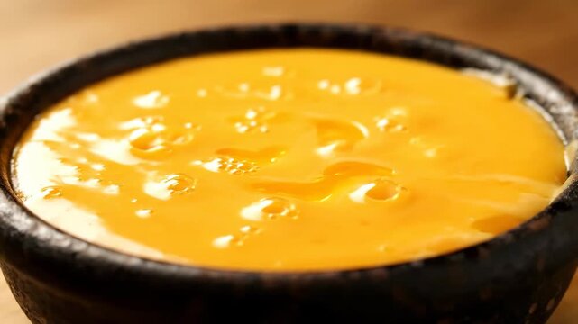 Close-up of rich, creamy melted cheese dip or Queso served steaming hot in a rustic black ceramic bowl on a wooden surface