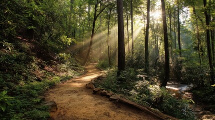 Obraz premium Sunlight filters through tall trees on a serene forest trail during early morning hours