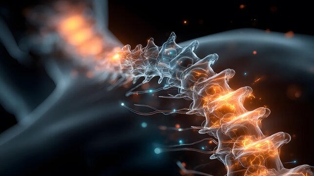 Glowing digital rendering of a human spinal column with highlighted vertebrae, featuring blue and orange neon accents on a clean back.