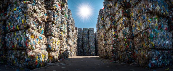 Obraz premium Baled colorful plastic waste glows under sunlight evoking hope and renewal at the facility
