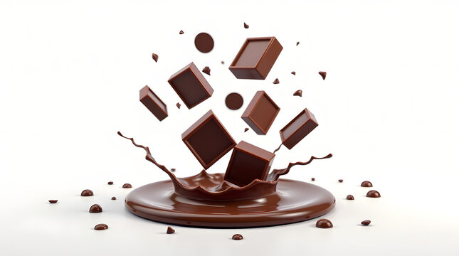 Delicious dark chocolate cubes splashing into rich chocolate sauce, creating a tempting dessert scene.