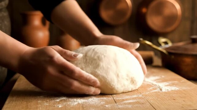Hands kneading fresh bread dough on a floured wooden board. Close up of artisanal baking process in a rustic kitchen. Homemade pastry preparation