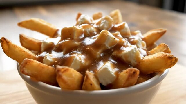 Close-up of Traditional Canadian Poutine Served in a White Bowl, featuring Golden French Fries, Savory Brown Gravy, and Fresh White Cheese Curds