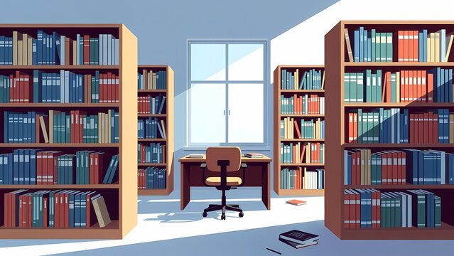 Serene library interior with tall bookshelves and a central desk by a bright window, in a clean vector illustration