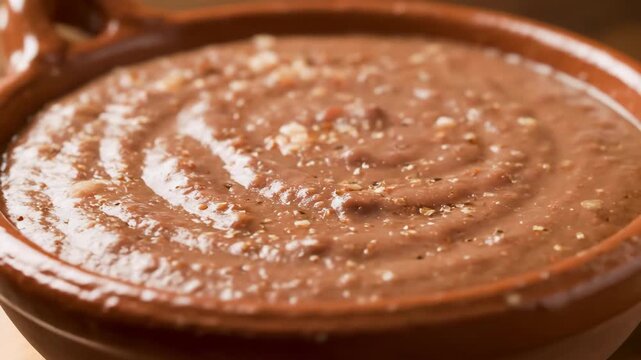 Close-up of Traditional Mexican Refried Beans (Frijoles Refritos) Topped with Crumbled Cheese Served in a Rustic Terracotta Bowl